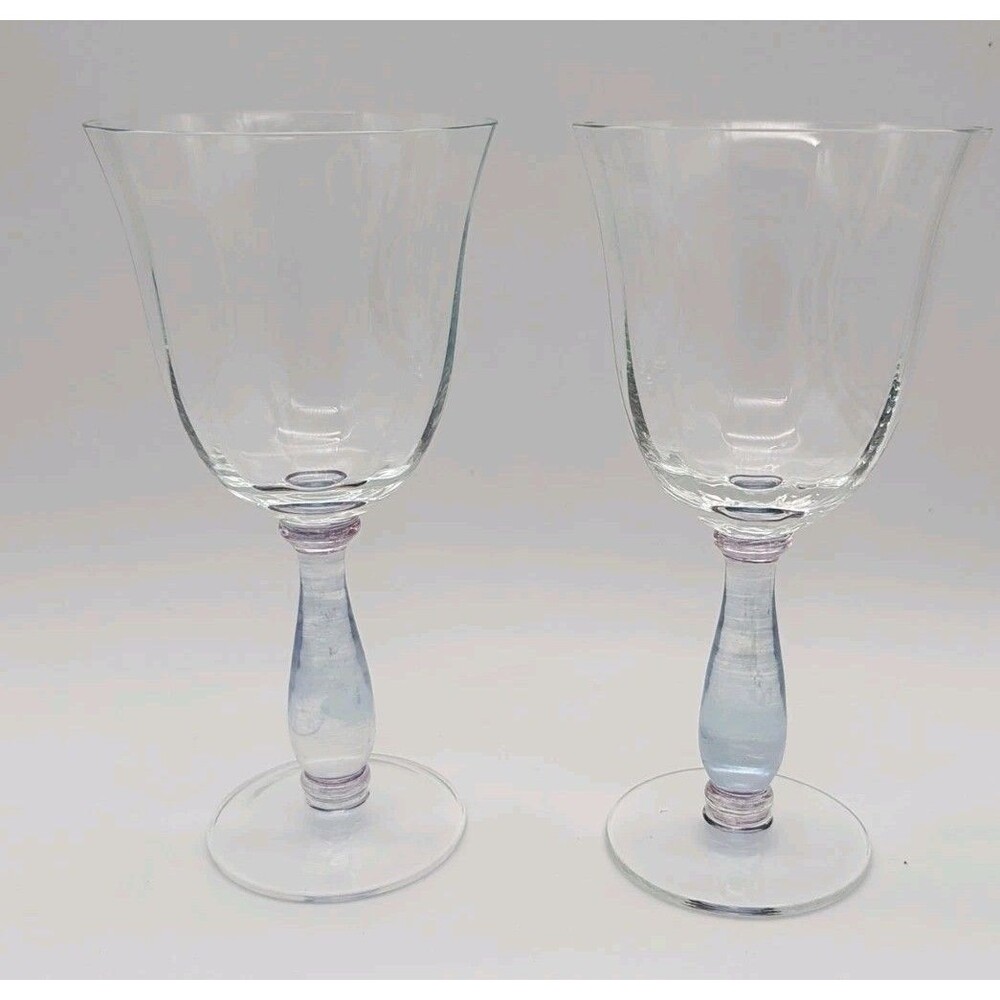 Vintage Optic Glass Water Goblets Set Of Two Blue Purple Stems